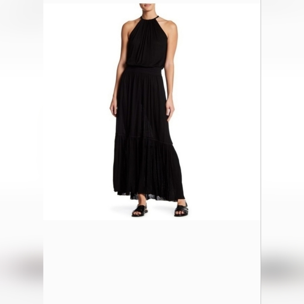 Theory Melaesa Black Drapey Jersey Knit Sleeveless Elastic Waist Maxi Dress Sz M